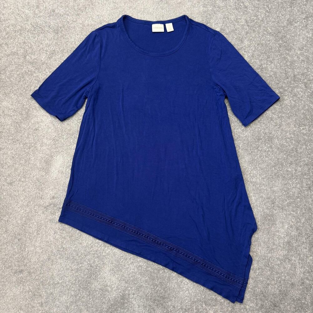 Chicos Tunic Top Womens 1 (US Size 8) Blue Asymmetrical Hem Crochet Stretch - Picture 1 of 8